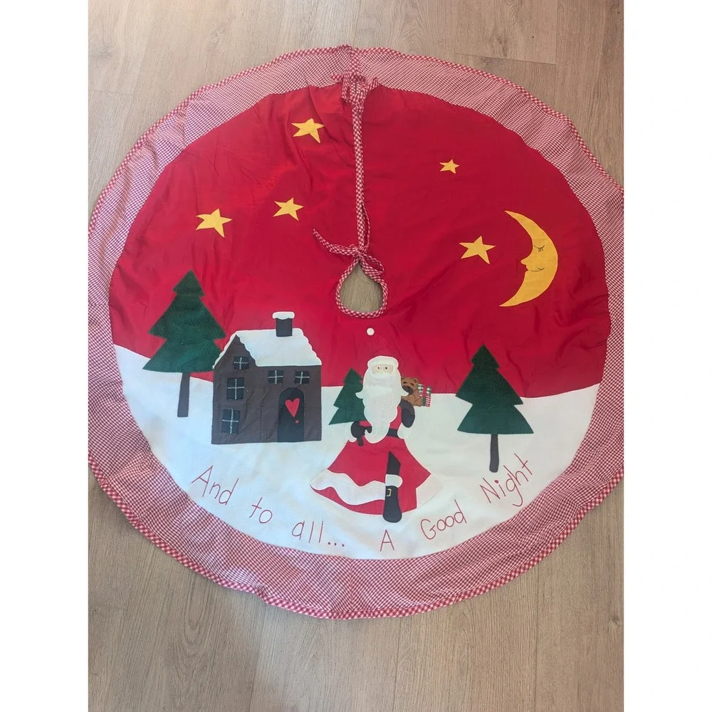 VTG Christmas Tree Skirt Felt Patchwork Applique Gingham Trim Santa Claus 48'